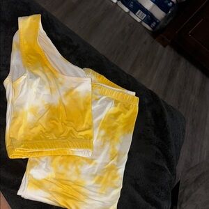 Yellow and White Tie-Dye Tank and Shorts Set